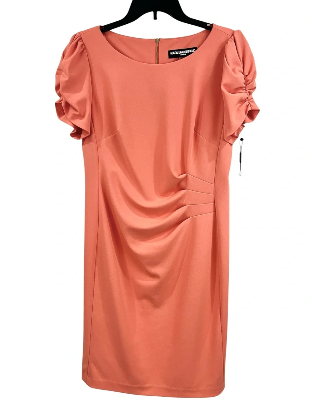 Karl Lagerfeld Coral Peach Short Puffy Sleeve Asymmetrical Ruched Sheath Dress